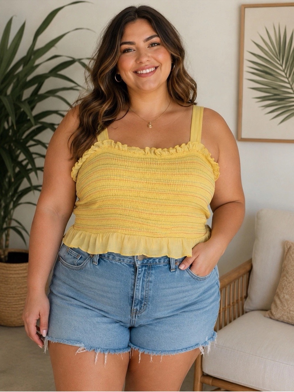 Modcloth Tank Top Hot Fun Summertime Smocked Yellow Beach Ruffle Cotton Size 3X
